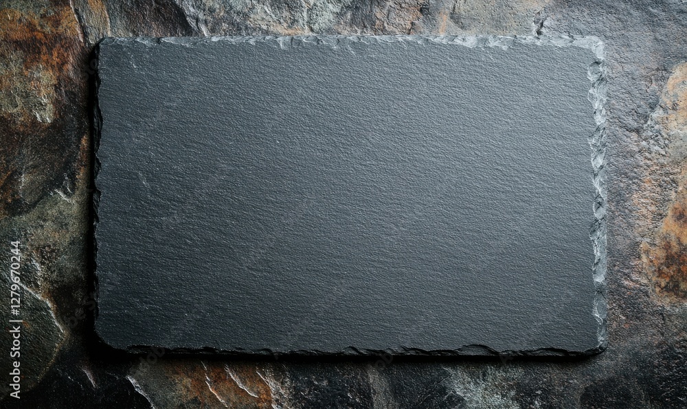Poster top view of a black slate board on a dark stone texture, featuring empty space for a menu or recipe.