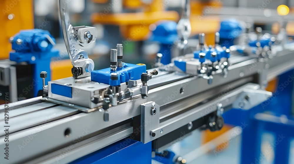 Poster closeup view of a complex pneumatic clamping system used in an automated industrial assembly process