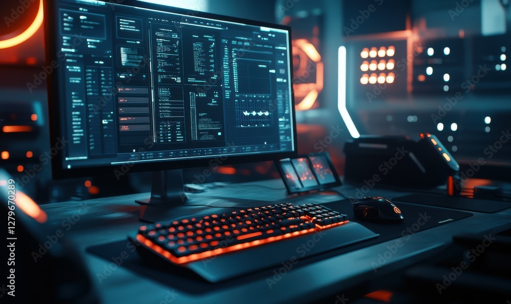 Poster modern tech workspace with a high-resolution monitor, sleek keyboard, and ambient lighting, symboliz