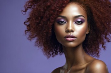 Fototapeta premium Beautiful confident photo model showcases vibrant makeup against a pastel color background in a studio setting, people and skincare, fashion theme concept. 