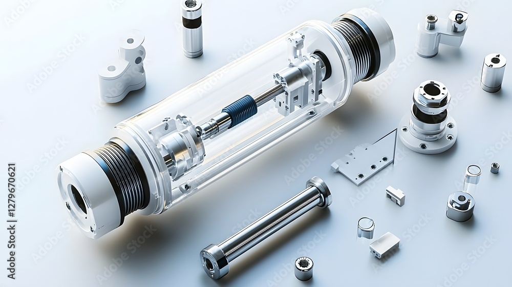 Poster Detailed 3D render of a pneumatic cylinder extending and retracting demonstrating the intricate motion control mechanisms used in industrial automation and engineering applications