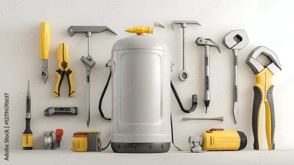 Poster detailed 3d rendered animation showcasing a pneumatic air compressor powering and operating various 