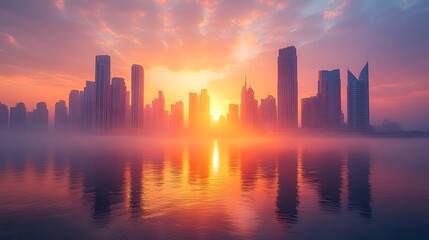 Fototapeta premium Enchanting Seaside Metropolis Bathed in Golden Twilight Glow and Reflected on Glassy Bay
