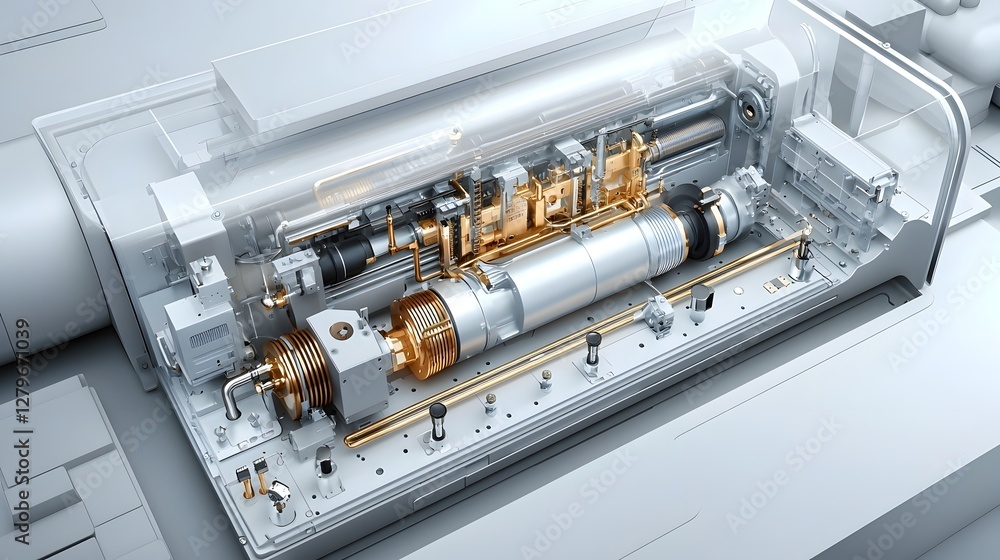 Poster Detailed cross section view showcasing the inner workings and air flow of a pneumatic system inside an industrial machine  The image provides a technical of the valves components
