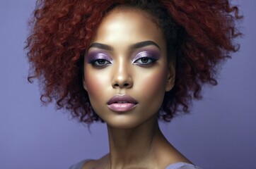 Beautiful confident photo model showcases vibrant makeup against a pastel color background in a studio setting, people and skincare, fashion theme concept.  