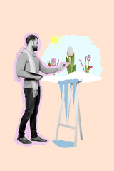 Vertical art trend collage of serious man artist draw spring landscape picture tulips flower bloom sun warm season hold palette brush