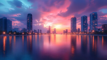 Fototapeta premium Vibrant Cityscape at Golden Hour with Diverse Architecture Aglow on Serene Inlet