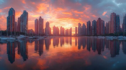 Fototapeta premium Majestic Coastal Metropolis at Sunset with Blend of Modern and Heritage Architecture Reflected in Tranquil Waters