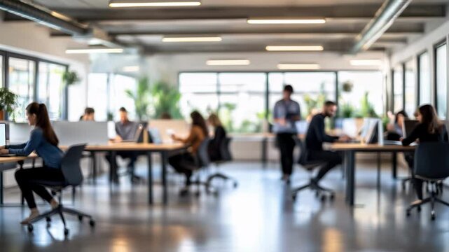 Manager leading blurred people working in a clear modern office open space, workplace teamwork