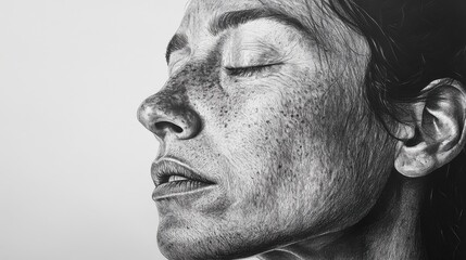 Obraz premium Detailed Portrait of a Woman with Freckles and Closed Eyes