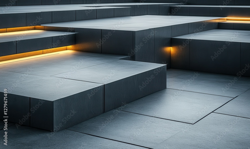 Poster minimalist modern steps and platforms arranged geometrically, dramatic lighting and clean lines crea