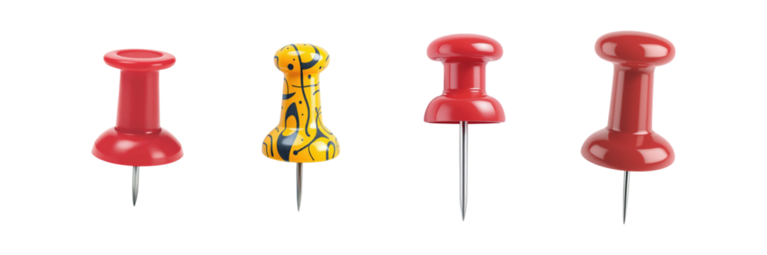 Assorted Collection of Red and Patterned Thumbtacks for Office and Craft Use, Isolated on Transparent and White Background