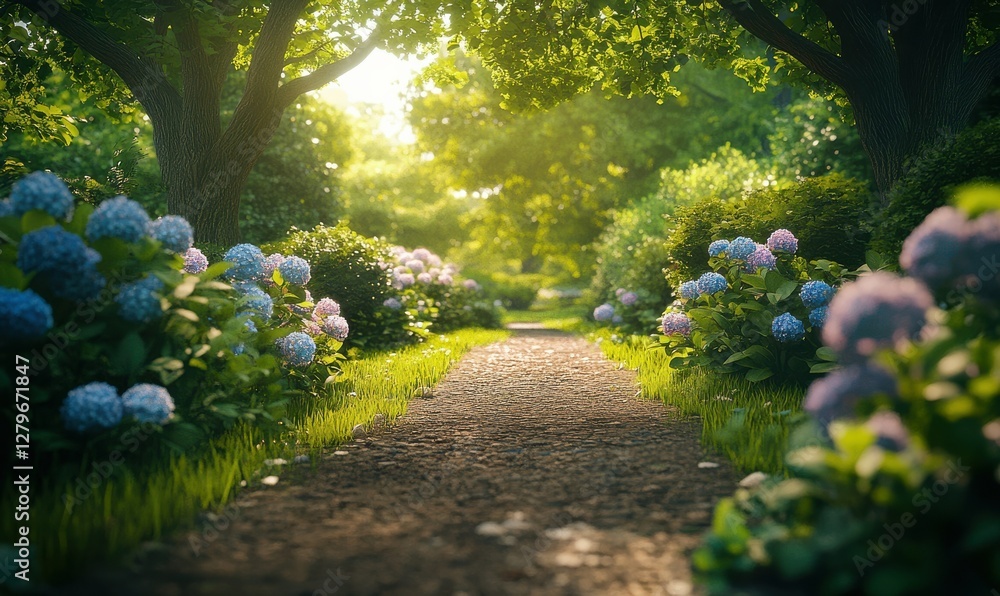 Poster pathway in a lush green garden with blooming hydrangeas, soft filtered light through trees adding a 