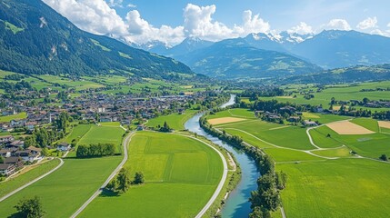 Aerial view of Rosenlaui with the Wellhorn and the winding Reichenbach River surrounded by Swiss alpine beauty in summer