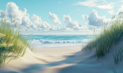 Peaceful coastal landscape with soft golden sand, calm waves, and vibrant blue skies creating a serene vibe.