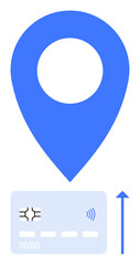 Blue pin and contactless payment card with upward arrow. Ideal for concepts thumbs up online transactions, navigation, fintech, shopping, e-commerce, digital payments, financial growth. Abstract line
