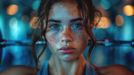 Young woman with freckles, focused and determined, holding dumbbells in a gym.
