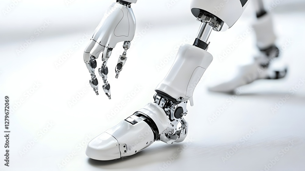 Poster futuristic hydraulic powered prosthetic enhancing human mobility a concept of advanced cybernetic li