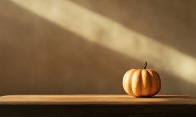 Minimalist scene with a rustic pumpkin placed on a smooth wooden surface, warm natural light creating a cozy autumn vibe