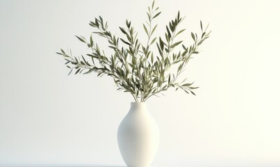 Minimalist setup of fresh green olive branches arranged in a white vase, soft natural light creating a clean and elegant look