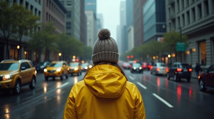 Fototapeta premium Traveler Wearing Raincoat Standing a Traffic Street.
