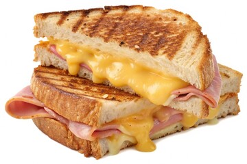 Gourmet breakfast sandwich with perfectly cooked egg and crunchy bacon, placed on a rustic wooden table with a light backdrop, copy space for text,Grilled ham and cheese sandwich, isolated on transpar