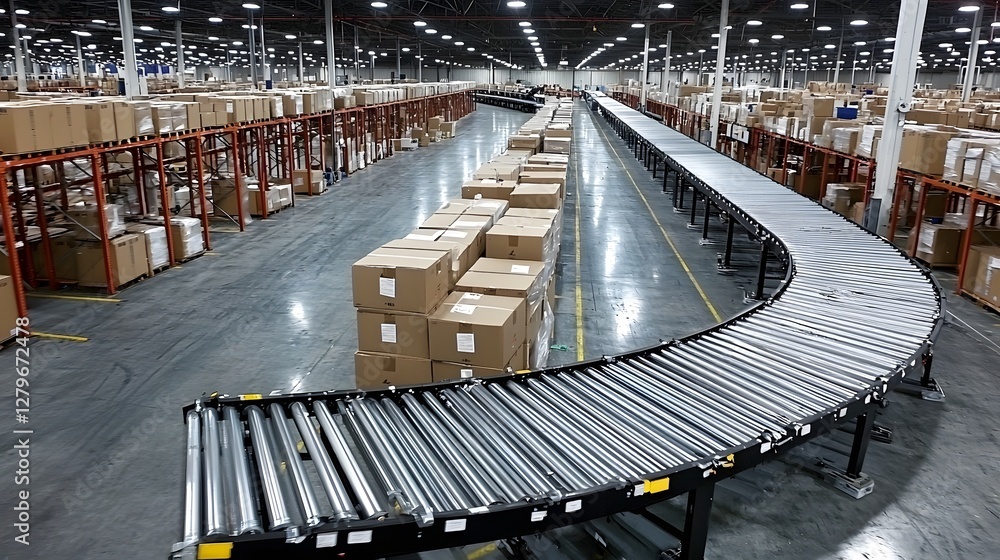 Poster automated hydraulic conveyor system powering efficient warehouse logistics and material handling for