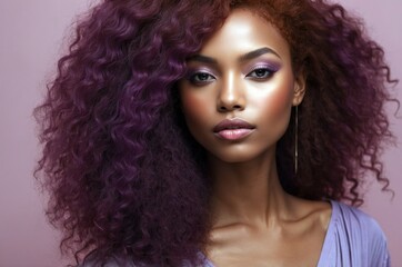 Fototapeta premium Beautiful confident photo model showcases vibrant makeup against a pastel color background in a studio setting, people and skincare, fashion theme concept. 