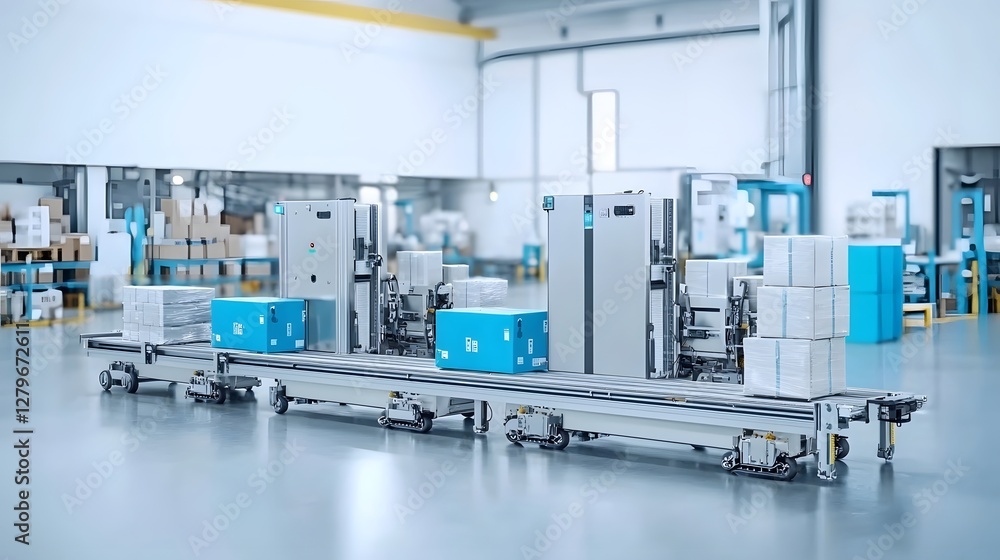 Poster image of an automated pneumatic conveyor system operating efficiently in a modern warehouse facility