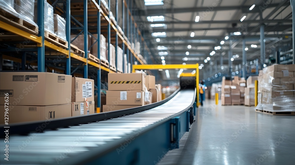 Poster image showcasing a sophisticated warehouse conveyor system powered by hydraulics ensuring smooth and