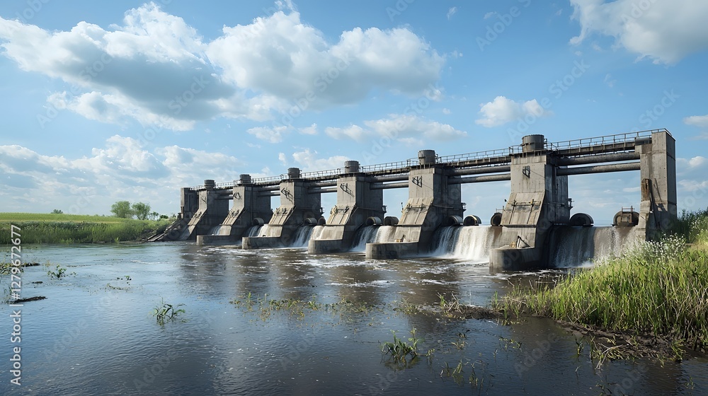 Poster Large scale hydraulic dam gate system with pistons and reservoirs controlling the flow of water through the infrastructure to generate hydroelectric power and manage water resources