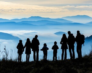 Silhouettes of a family of different generations standing together on a mountain overlook, with a misty valley below, no watermark, no brand, no license, no copyright