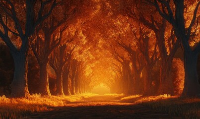 Symmetrical row of trees glowing in fiery orange hues under golden light, lining a quiet park pathway. Rich tones evoke tranquility and charm,