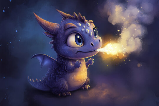 A cute and whimsical illustration of a chubby little dragon, blowing tiny puffs of smoke, its large eyes full of mischief and charm.