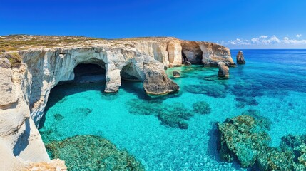 Cape Greco's stunning sea caves at dusk, where the setting sun turns the Mediterranean into a shimmering golden canvas.