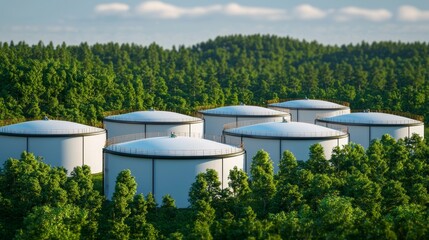 Fototapeta premium Detailed 3D Render of Fuel Production Tanks Surrounded by Lush Greenery in Forested Area