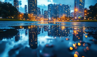 Urban skyline reflected in a large puddle after rain, with bright city lights shimmering in the water. Cool blue tones enhance the evening ambiance,