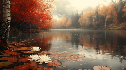 Autumnal Lake with Water Lilies in a Tranquil Pictorial Woodland Landscape
