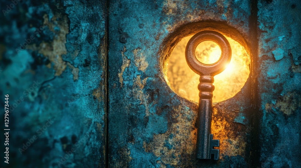 Poster close-up of an antique key inserted into a rusty lock, illuminated by warm light in a dark setting