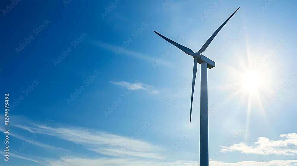 Poster pneumatic wind turbine generating power in a renewable energy wind system blue sky with sunlight and