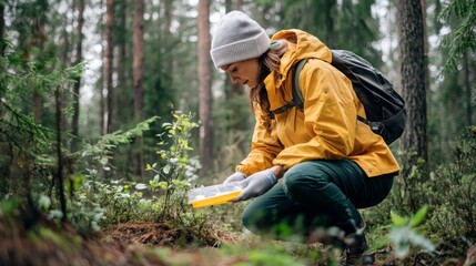 Woman examining plants in forest, nature study, research