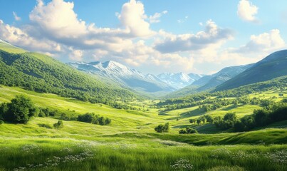Naklejka premium Lush green valley surrounded by distant mountains under a bright sky, peaceful countryside landscape capturing natural beauty and tranquility