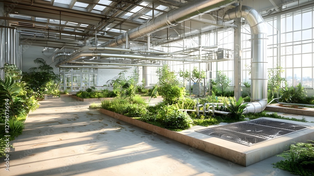 Poster 3d render of an advanced hvac system installed in the eco friendly and sustainable greenhouse buildi