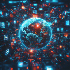 Fototapeta premium Futuristic digital globe with interconnected data streams and glowing technology icons 