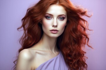 Fototapeta premium Beautiful confident photo model showcases vibrant makeup against a pastel color background in a studio setting, people and skincare, fashion theme concept. 