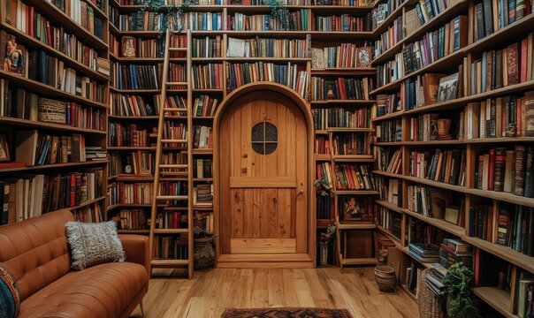 Quirky home library with walls lined with books, a ladder to reach the higher shelves, and a secret door hidden behind a bookcase.