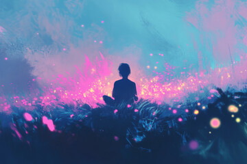 A soft, meditative digital painting of a person surrounded by glowing, peaceful energy, symbolizing the calmness and serenity of mental wellness.