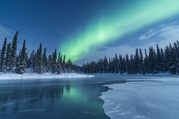 Fototapeta premium A serene frozen lake, with smooth ice reflecting the northern lights, surrounded by snow covered evergreen trees.