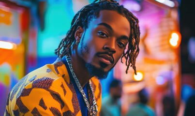Obraz premium Colorful neon lights illuminate person with dreadlocks in crowded place.