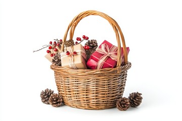 Gift filled wicker basket on white background